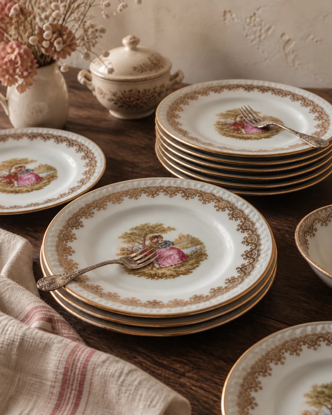 Assiettes anciennes en porcelaine à décor doré et scène romantique